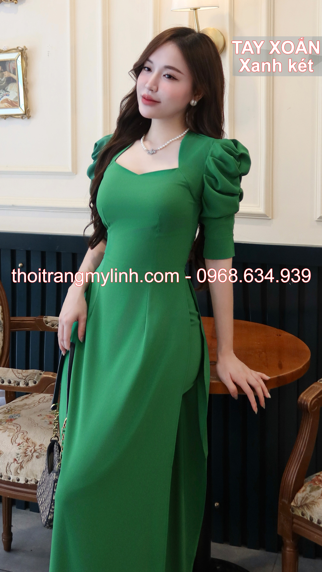 Bộ áo dài cổ nữ hoàng tay xoắn xanh két